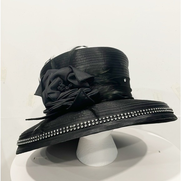 Lily & Taylor Accessories - Lily & Taylor Women Hat Black Lampshade Wide Brim Rhinestones Feather Bow Church